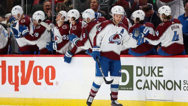 Oct 17, 2022; Saint Paul, Minnesota, USA; Colorado Avalanche right wing Mikko Rantanen (96) celebrates his goal during the second period against the Minnesota Wild at Xcel Energy Center. Mandatory Credit: Matt Krohn-USA TODAY Sports