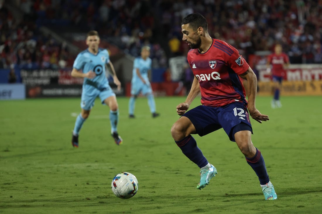 Oct 17, 2022; Frisco, Texas, US; FC Dallas midfielder Sebastian Lletget (12) plays the ball in the first half against the Minnesota United at Toyota Stadium. Mandatory Credit: Kevin Jairaj-USA TODAY Sports