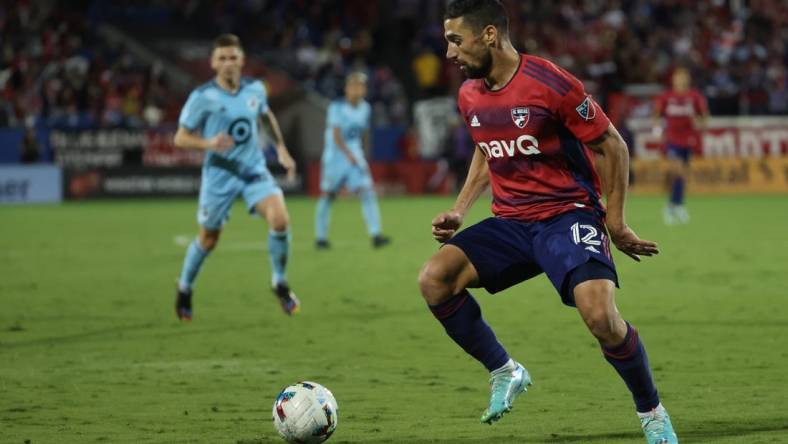 Oct 17, 2022; Frisco, Texas, US; FC Dallas midfielder Sebastian Lletget (12) plays the ball in the first half against the Minnesota United at Toyota Stadium. Mandatory Credit: Kevin Jairaj-USA TODAY Sports