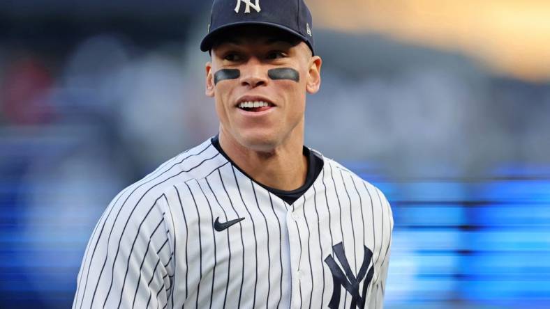 Oct 18, 2022; Bronx, New York, USA; New York Yankees right fielder Aaron Judge (99) reacts at the end of the fifth inning in game five of the ALDS for the 2022 MLB Playoffs at Yankee Stadium. Mandatory Credit: Brad Penner-USA TODAY Sports