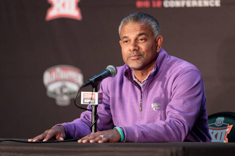 Oct 19, 2022; Kansas City, Missouri, US; Kansas State Wildcats coach Jerome Tang is interviewed during the mens Big 12 Basketball Tipoff media day at T-Mobile Center. Mandatory Credit: William Purnell-USA TODAY Sports