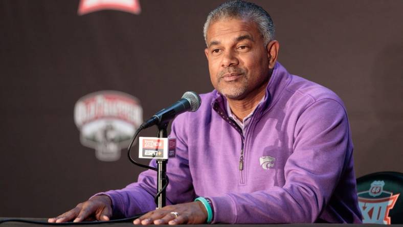 Oct 19, 2022; Kansas City, Missouri, US; Kansas State Wildcats coach Jerome Tang is interviewed during the mens Big 12 Basketball Tipoff media day at T-Mobile Center. Mandatory Credit: William Purnell-USA TODAY Sports