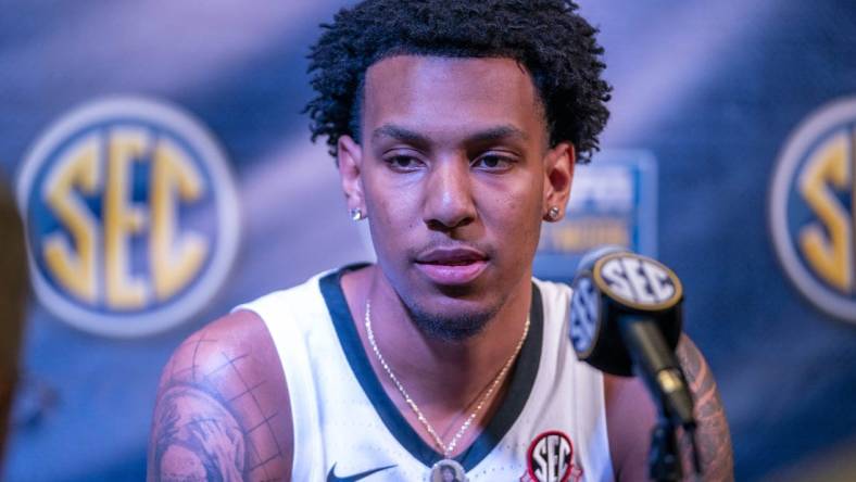 Oct 19, 2022; Birmingham, Alabama, US; Georgia Bulldogs center Braelen Bridges speaks to the media during the SEC Basketball Media Days at Grand Bohemian Hotel. Mandatory Credit: Marvin Gentry-USA TODAY Sports