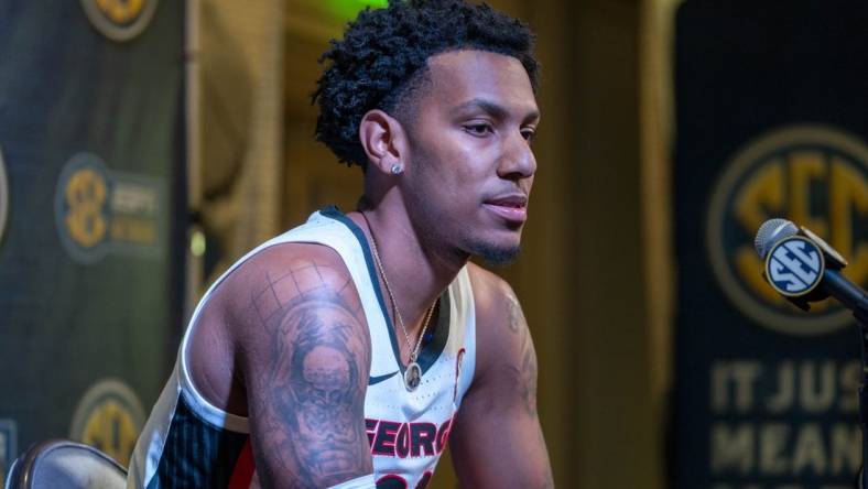 Oct 19, 2022; Birmingham, Alabama, US; Georgia Bulldogs center Braelen Bridges speaks to the media during the SEC Basketball Media Days at Grand Bohemian Hotel. Mandatory Credit: Marvin Gentry-USA TODAY Sports