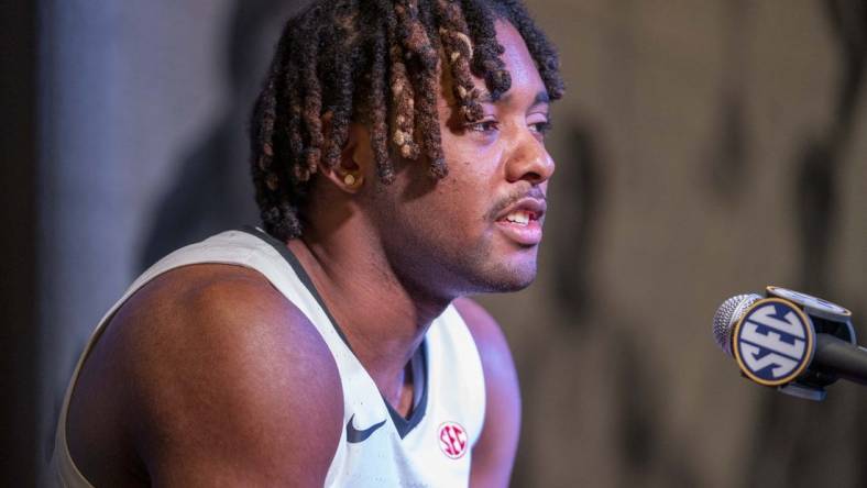 Oct 19, 2022; Birmingham, Alabama, US; Georgia Bulldogs guard Kario Oquendo during the SEC Basketball Media Days at Grand Bohemian Hotel. Mandatory Credit: Marvin Gentry-USA TODAY Sports