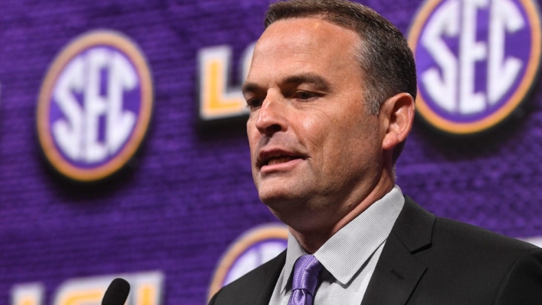 Oct 19, 2022; Mountain Brook, AL, USA; LSU head coach Matt McMahon speaks during the SEC Tip Off 2022-23 Men's Basketball Media Day in Mountain Brook Wednesday, Oct. 19, 2022 at Grand Bohemian Hotel.

Basketball Sec Men S Basketball Media Day