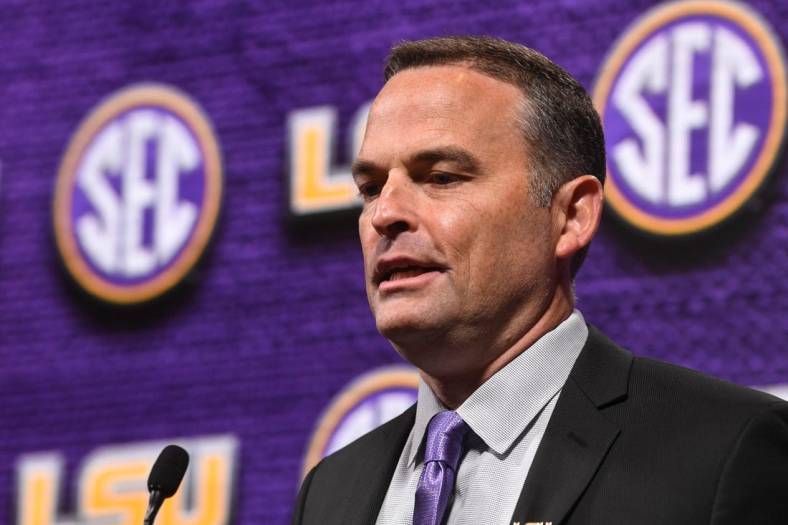 Oct 19, 2022; Mountain Brook, AL, USA; LSU head coach Matt McMahon speaks during the SEC Tip Off 2022-23 Men's Basketball Media Day in Mountain Brook Wednesday, Oct. 19, 2022 at Grand Bohemian Hotel.

Basketball Sec Men S Basketball Media Day