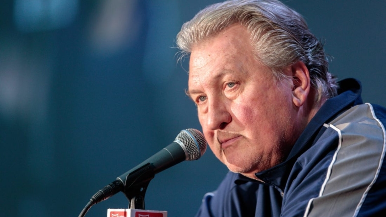 Oct 19, 2022; Kansas City, Missouri, US; West Virginia Mountaineers coach Bob Huggins is interviewed during the mens Big 12 Basketball Tipoff media day at T-Mobile Center. Mandatory Credit: William Purnell-USA TODAY Sports