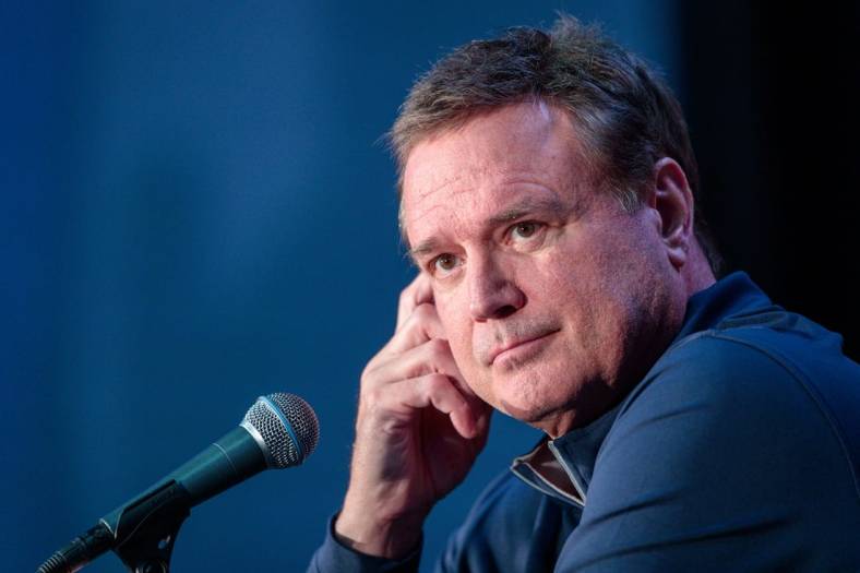 Oct 19, 2022; Kansas City, Missouri, US; Kansas Jayhawks coach Bill Self is interviewed during the mens Big 12 Basketball Tipoff media day at T-Mobile Center. Mandatory Credit: William Purnell-USA TODAY Sports