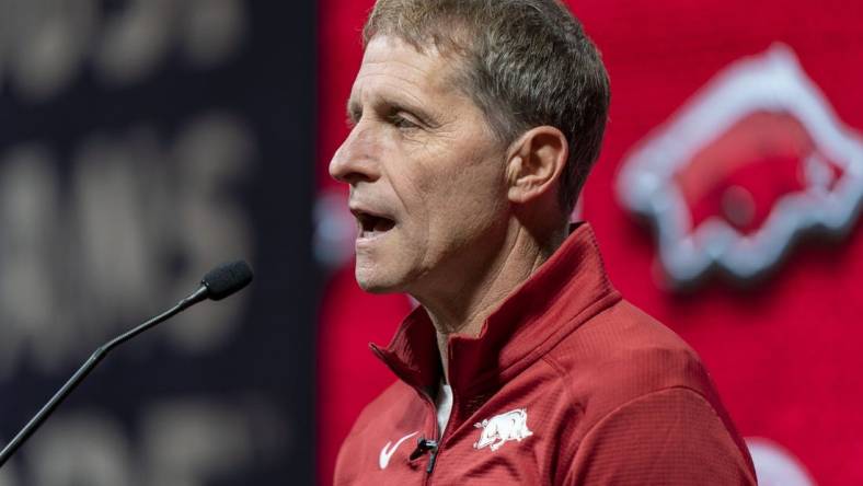 Oct 19, 2022; Birmingham, Alabama, US; Arkansas Razorbacks head coach Eric Musselman during the SEC Basketball Media Days at Grand Bohemian Hotel. Mandatory Credit: Marvin Gentry-USA TODAY Sports