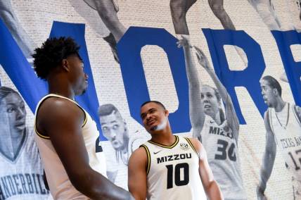 Oct 19, 2022; Mountain Brook, AL, USA; Missouri players Kobe Brown and Nick honor talk as they wait to be interviewed during the SEC Tip Off 2022-23 Men's Basketball Media Day in Mountain Brook Wednesday, Oct. 19, 2022 at Grand Bohemian Hotel.

Basketball Sec Men S Basketball Media Day