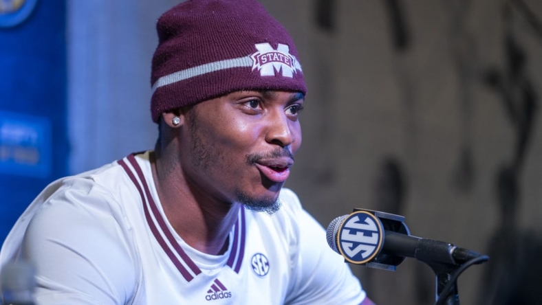 Oct 19, 2022; Birmingham, Alabama, US; Mississippi State Bulldogs forward D.J. Jefferies during the SEC Basketball Media Days at Grand Bohemian Hotel. Mandatory Credit: Marvin Gentry-USA TODAY Sports