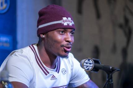Oct 19, 2022; Birmingham, Alabama, US; Mississippi State Bulldogs forward D.J. Jefferies during the SEC Basketball Media Days at Grand Bohemian Hotel. Mandatory Credit: Marvin Gentry-USA TODAY Sports
