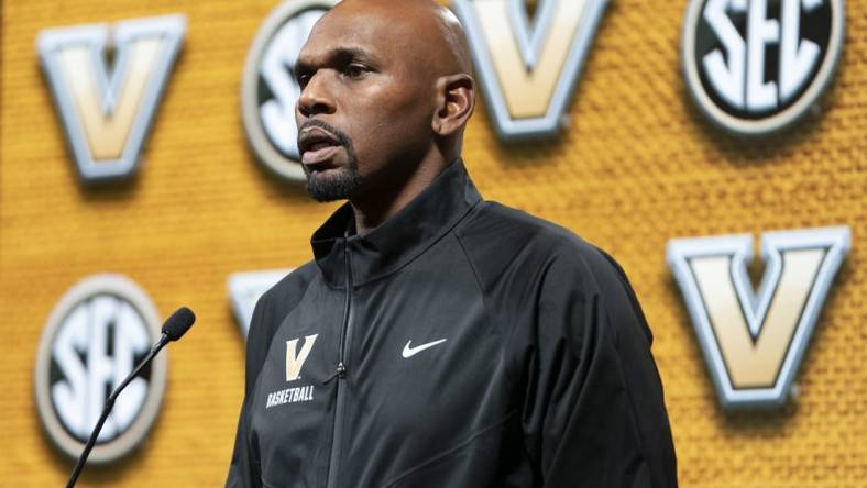 Oct 19, 2022; Birmingham, Alabama, US; Vanderbilt Commodores head coach Jerry Stackhouse during the SEC Basketball Media Days at Grand Bohemian Hotel. Mandatory Credit: Marvin Gentry-USA TODAY Sports