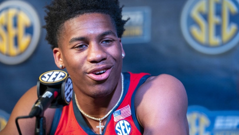 Oct 19, 2022; Birmingham, Alabama, US; Mississippi Rebels guard Matthew Murrell during the SEC Basketball Media Days at Grand Bohemian Hotel. Mandatory Credit: Marvin Gentry-USA TODAY Sports