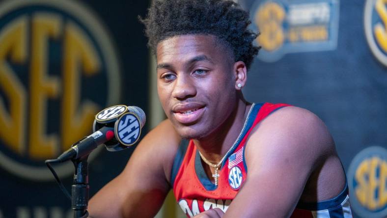 Oct 19, 2022; Birmingham, Alabama, US; Mississippi Rebels guard Matthew Murrell during the SEC Basketball Media Days at Grand Bohemian Hotel. Mandatory Credit: Marvin Gentry-USA TODAY Sports