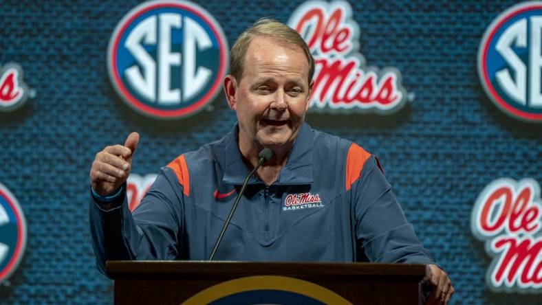 Oct 19, 2022; Birmingham, Alabama, US; Mississippi Rebels head coach Kermit Davis during the SEC Basketball Media Days at Grand Bohemian Hotel. Mandatory Credit: Marvin Gentry-USA TODAY Sports