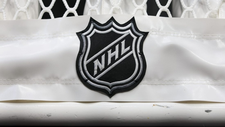 Oct 20, 2022; Columbus, Ohio, USA;  The NHL logo is seen on the netting of a goal prior to the game between the Nashville Predators and the Columbus Blue Jackets at Nationwide Arena. Mandatory Credit: Aaron Doster-USA TODAY Sports