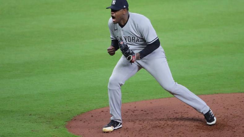 Oct 20, 2022; Houston, Texas, USA; New York Yankees starting pitcher Luis Severino (40) reacts after a strikeout to end the fifth inning against the Houston Astros in game two of the ALCS for the 2022 MLB Playoffs at Minute Maid Park. Mandatory Credit: Erik Williams-USA TODAY Sports