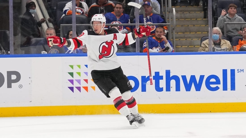 Oct 20, 2022; Elmont, New York, USA; New Jersey Devils left wing Ondrej Palat (18) reacts to scoring a goal against the New York Islanders during the third period at UBS Arena. Mandatory Credit: Gregory Fisher-USA TODAY Sports