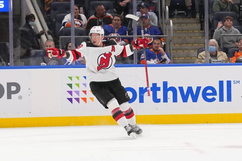Oct 20, 2022; Elmont, New York, USA; New Jersey Devils left wing Ondrej Palat (18) reacts to scoring a goal against the New York Islanders during the third period at UBS Arena. Mandatory Credit: Gregory Fisher-USA TODAY Sports
