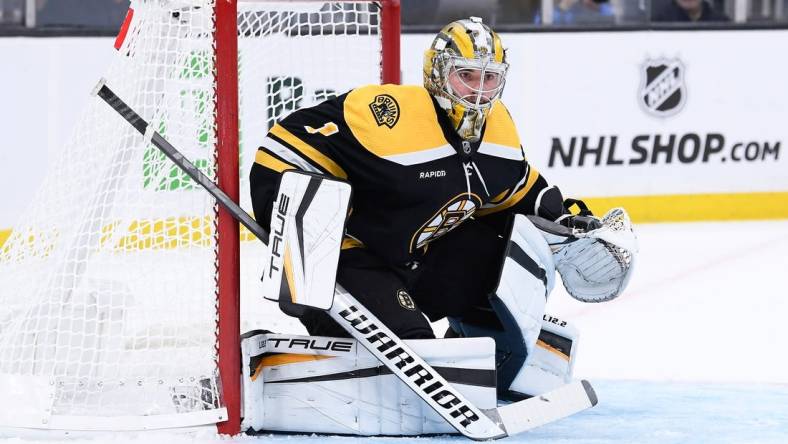 Oct 15, 2022; Boston, Massachusetts, USA;  Boston Bruins goaltender Jeremy Swayman (1) in goal during the second period against the Arizona Coyotes at TD Garden. Mandatory Credit: Bob DeChiara-USA TODAY Sports