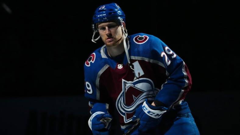 Oct 21, 2022; Denver, Colorado, USA; Colorado Avalanche center Nathan MacKinnon (29) prior to the game against the Seattle Kraken at Ball Arena. Mandatory Credit: Ron Chenoy-USA TODAY Sports