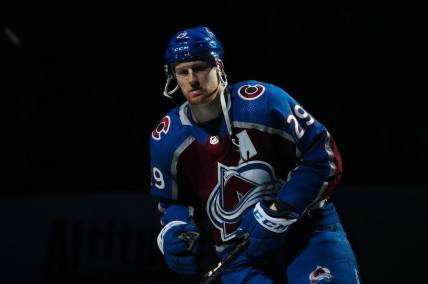 Oct 21, 2022; Denver, Colorado, USA; Colorado Avalanche center Nathan MacKinnon (29) prior to the game against the Seattle Kraken at Ball Arena. Mandatory Credit: Ron Chenoy-USA TODAY Sports