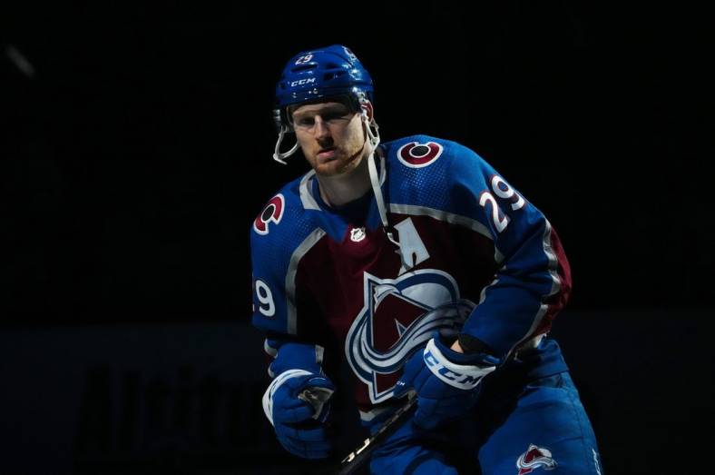 Oct 21, 2022; Denver, Colorado, USA; Colorado Avalanche center Nathan MacKinnon (29) prior to the game against the Seattle Kraken at Ball Arena. Mandatory Credit: Ron Chenoy-USA TODAY Sports