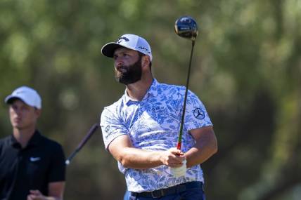 Oct 22, 2022; Ridgeland, South Carolina, USA; Jon Rahm plays from the second tee during the third round of THE CJ CUP in South Carolina golf tournament. Mandatory Credit: David Yeazell-USA TODAY Sports