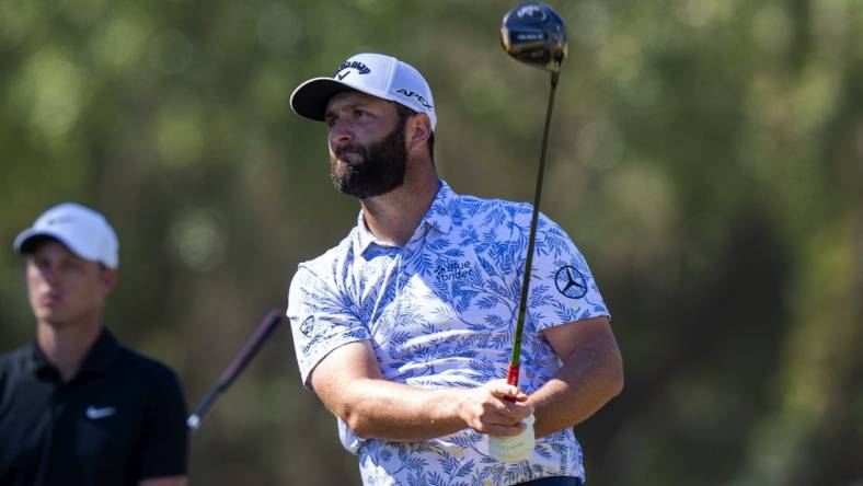 Oct 22, 2022; Ridgeland, South Carolina, USA; Jon Rahm plays from the second tee during the third round of THE CJ CUP in South Carolina golf tournament. Mandatory Credit: David Yeazell-USA TODAY Sports