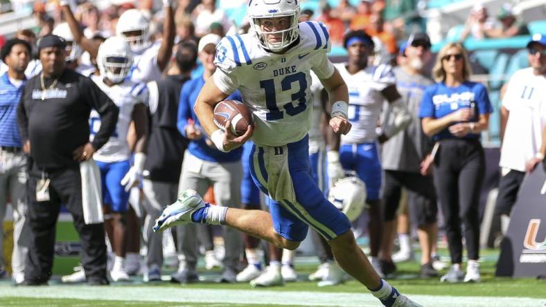 Oct 22, 2022; Miami Gardens, Florida, USA; Duke Blue Devils quarterback Riley Leonard (13) runs with the football for a touchdown during the fourth quarter against the Miami Hurricanes at Hard Rock Stadium. Mandatory Credit: Sam Navarro-USA TODAY Sports