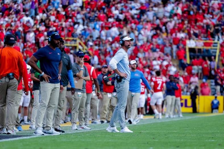 Oct 22, 2022; Baton Rouge, Louisiana, USA;  Mississippi Rebels head coach Lane Kiffin looks on during the second half against the LSU Tigers at Tiger Stadium. Mandatory Credit: Stephen Lew-USA TODAY Sports