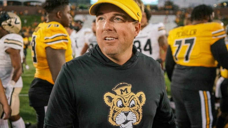 Oct 22, 2022; Columbia, Missouri, USA; Missouri Tigers head coach Eli Drinkwitz leaves the field after a game against the Vanderbilt Commodores at Faurot Field at Memorial Stadium. Mandatory Credit: Denny Medley-USA TODAY Sports