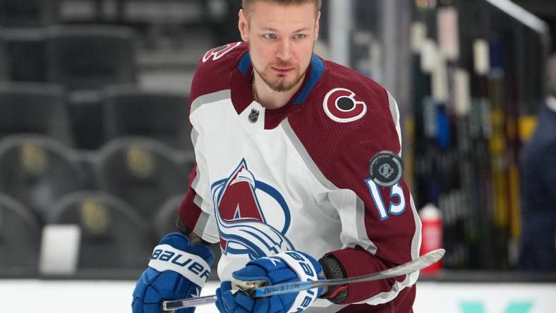 Oct 22, 2022; Las Vegas, Nevada, USA; Colorado Avalanche right wing Valeri Nichushkin (13) warms up before a game against the Vegas Golden Knights at T-Mobile Arena. Mandatory Credit: Stephen R. Sylvanie-USA TODAY Sports