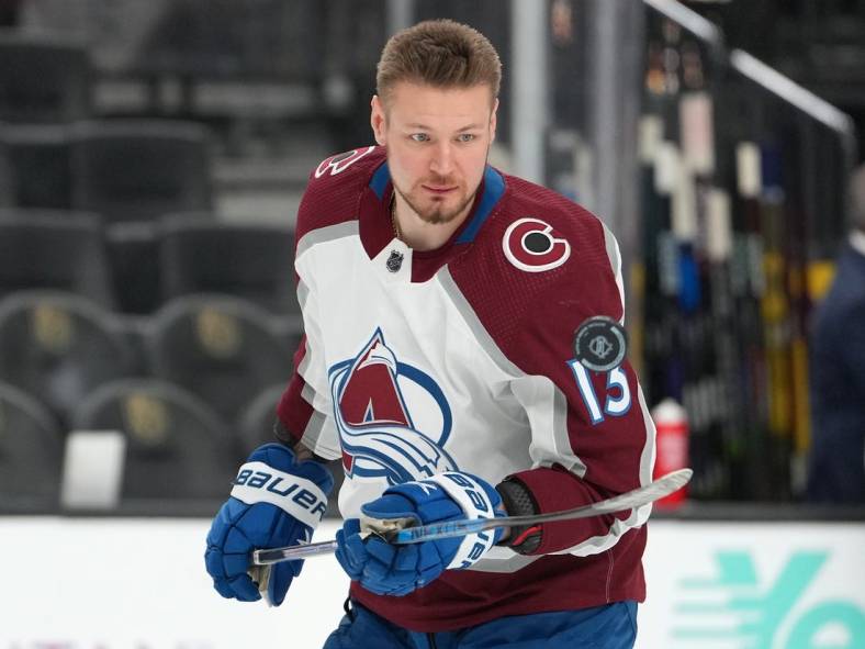 Oct 22, 2022; Las Vegas, Nevada, USA; Colorado Avalanche right wing Valeri Nichushkin (13) warms up before a game against the Vegas Golden Knights at T-Mobile Arena. Mandatory Credit: Stephen R. Sylvanie-USA TODAY Sports