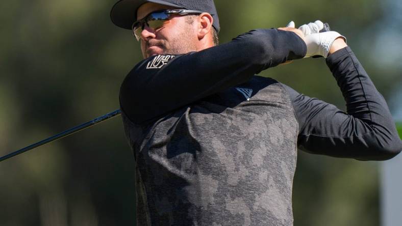 Oct 20, 2022; Ridgeland, South Carolina, USA; Corey Conners plays from the 12th tee during the first round of THE CJ CUP in South Carolina golf tournament. Mandatory Credit: David Yeazell-USA TODAY Sports