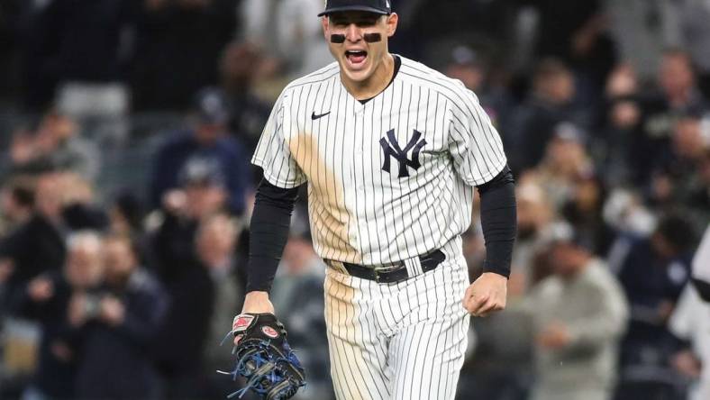 Oct 18, 2022; Bronx, New York, USA; New York Yankees first baseman Anthony Rizzo (48) during game five of the NLDS for the 2022 MLB Playoffs at Yankee Stadium. Mandatory Credit: Wendell Cruz-USA TODAY Sports