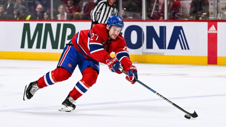 Oct 20, 2022; Montreal, Quebec, CAN; Montreal Canadiens left wing Jonathan Drouin (27) against the Arizona Coyotes during the first period at Bell Centre. Mandatory Credit: David Kirouac-USA TODAY Sports