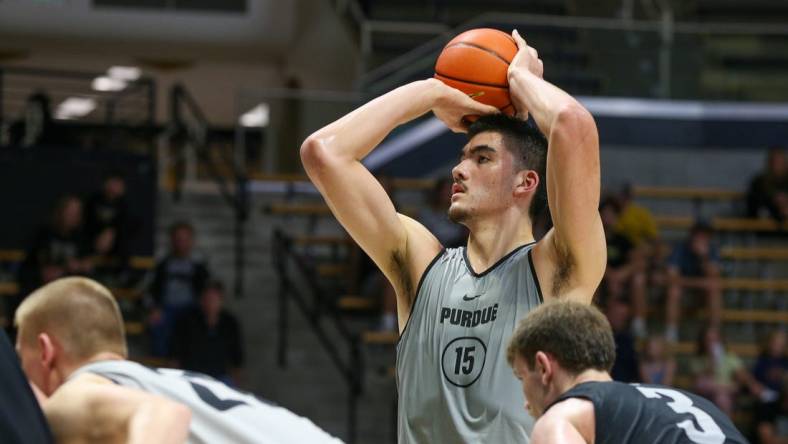 Purdue Boilermaker center Zach Edey (15) shoots a shot from the free throw line during a scrimmage game, on Saturday, Oct. 22, 2022, at Mackey Arena, in West Lafayette.

Purdue 2022 Fan Day