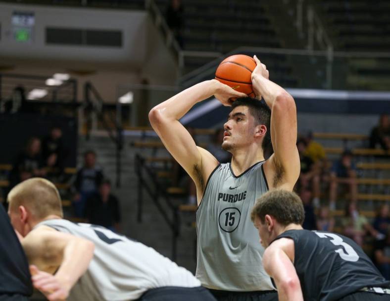 Purdue Boilermaker center Zach Edey (15) shoots a shot from the free throw line during a scrimmage game, on Saturday, Oct. 22, 2022, at Mackey Arena, in West Lafayette.

Purdue 2022 Fan Day