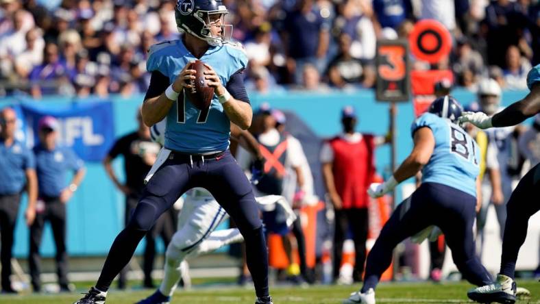 Tennessee Titans quarterback Ryan Tannehill (17) looks for a receiver against the Indianapolis Colts during the second quarter at Nissan Stadium Sunday, Oct. 23, 2022, in Nashville, Tenn.

Nfl Indianapolis Colts At Tennessee Titans