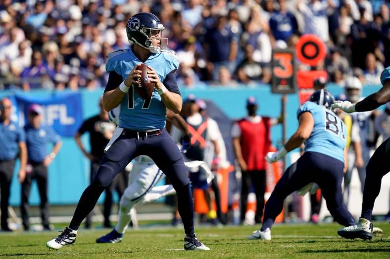 Tennessee Titans quarterback Ryan Tannehill (17) looks for a receiver against the Indianapolis Colts during the second quarter at Nissan Stadium Sunday, Oct. 23, 2022, in Nashville, Tenn.

Nfl Indianapolis Colts At Tennessee Titans