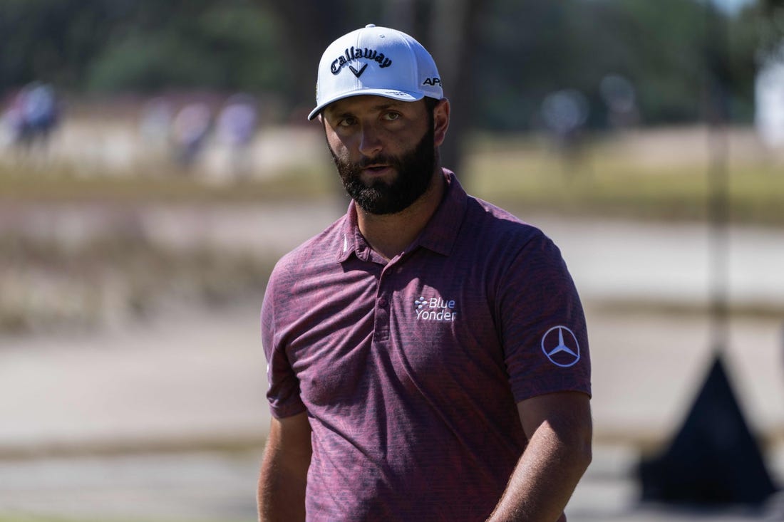 Oct 23, 2022; Ridgeland, South Carolina, USA; Jon Rahm reacts to a missed birdie putt on the third green during the final round of THE CJ CUP in South Carolina golf tournament. Mandatory Credit: David Yeazell-USA TODAY Sports