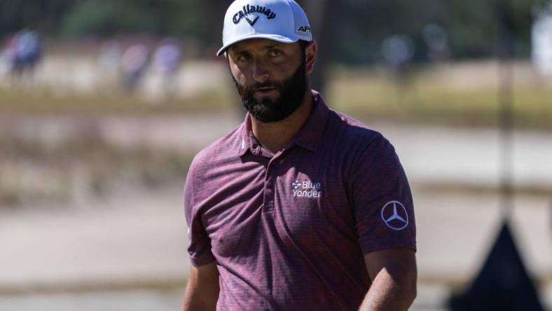 Oct 23, 2022; Ridgeland, South Carolina, USA; Jon Rahm reacts to a missed birdie putt on the third green during the final round of THE CJ CUP in South Carolina golf tournament. Mandatory Credit: David Yeazell-USA TODAY Sports