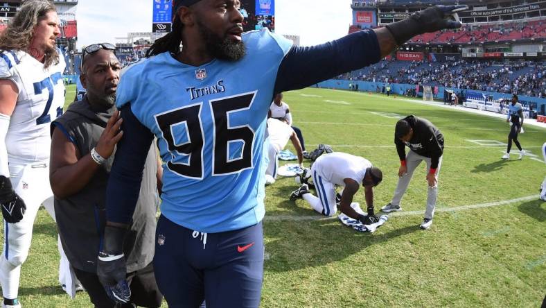 Oct 23, 2022; Nashville, Tennessee, USA; The Tennessee Titans' Denico Autry (96) after a win against the Indianapolis Colts at Nissan Stadium. Mandatory Credit: Christopher Hanewinckel-USA TODAY Sports