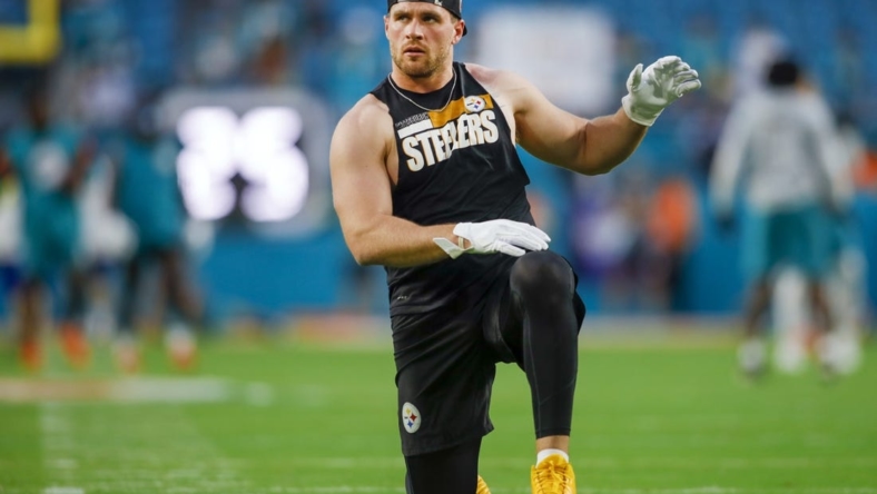 Oct 23, 2022; Miami Gardens, Florida, USA; Pittsburgh Steelers linebacker T.J. Watt (90) works out prior to the game against the Miami Dolphins at Hard Rock Stadium. Mandatory Credit: Sam Navarro-USA TODAY Sports