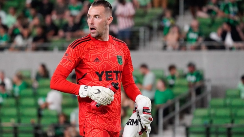 Oct 23, 2022; Austin, Texas, US; Austin FC goalkeeper Brad Stuver (1) looks on during the second half of a conference semifinal against FC Dallas of the Audi 2022 MLS Cup Playoffs at Q2 Stadium. Mandatory Credit: Scott Wachter-USA TODAY Sports