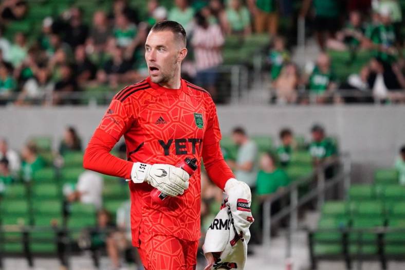 Oct 23, 2022; Austin, Texas, US; Austin FC goalkeeper Brad Stuver (1) looks on during the second half of a conference semifinal against FC Dallas of the Audi 2022 MLS Cup Playoffs at Q2 Stadium. Mandatory Credit: Scott Wachter-USA TODAY Sports