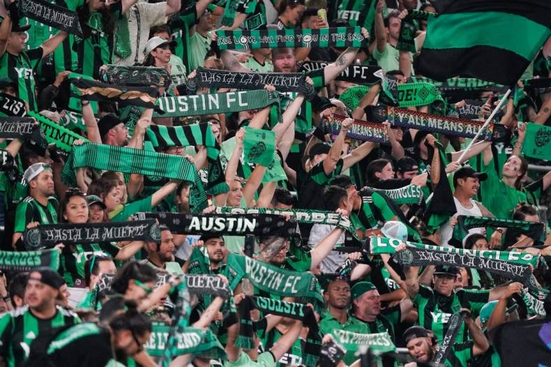 Oct 23, 2022; Austin, Texas, US; Fans after the conference semifinal between Austin FC and FC Dallas of the Audi 2022 MLS Cup Playoffs at Q2 Stadium. The Final score was 2-1. Mandatory Credit: Scott Wachter-USA TODAY Sports